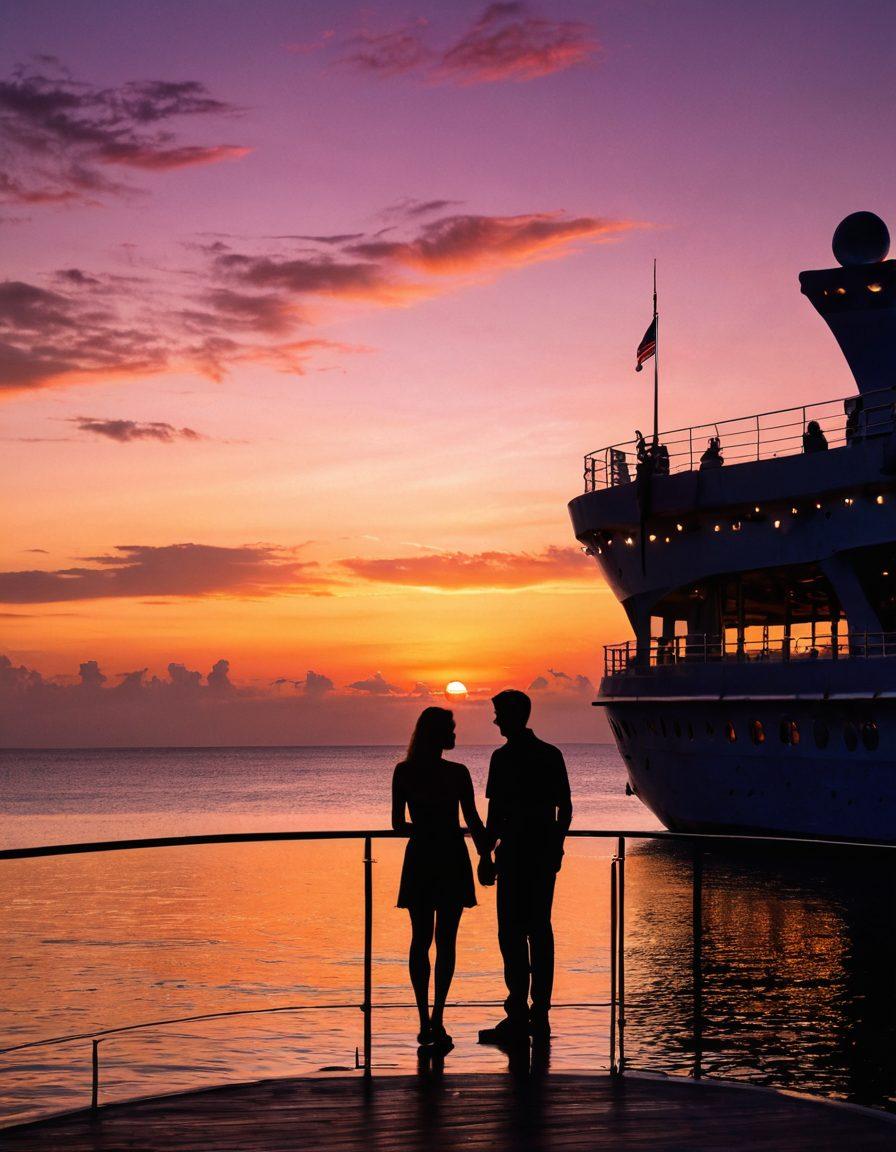 An enchanting sunset over a serene ocean, featuring a luxurious cruise ship gently sailing through calm waters. Two silhouetted figures, a couple, are embracing at the ship's edge, surrounded by soft glowing lights on the deck. Tropical islands can be faintly seen in the distance, enhancing the romantic atmosphere. The sky is filled with vibrant hues of orange, pink, and purple, reflecting on the water. super-realistic. vibrant colors. romantic ambiance.