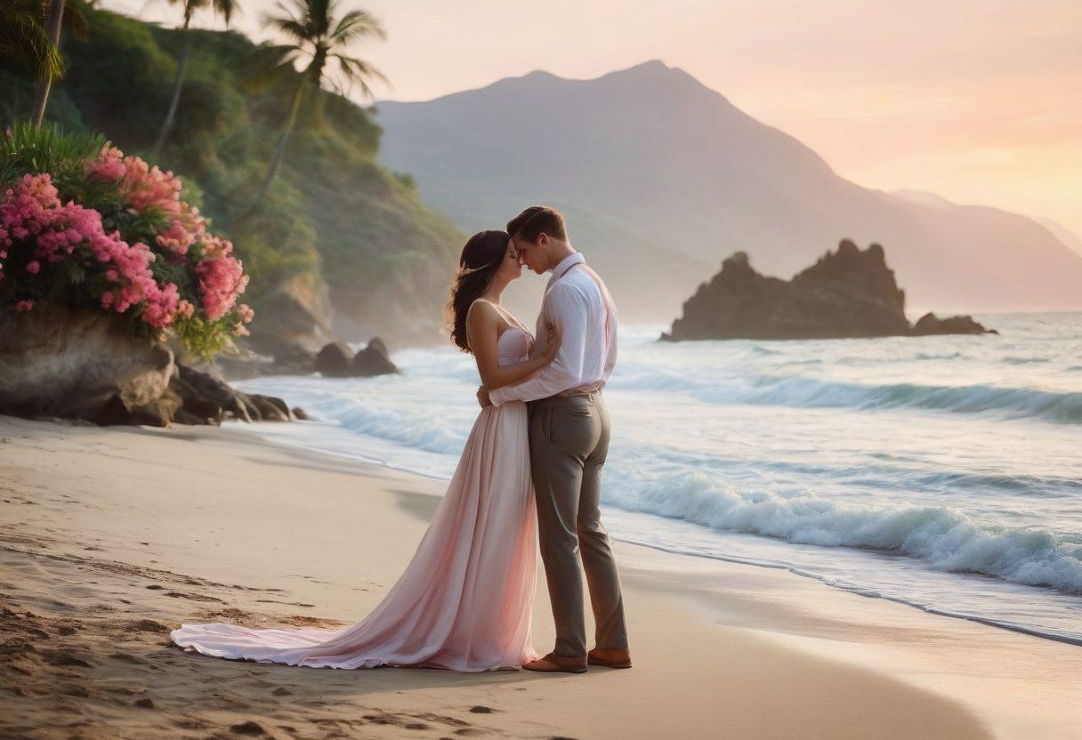 A dreamy landscape featuring a picturesque beach at sunset, with a couple whispering sweet nothings while surrounded by floral decorations. In the background, soft waves lap at the shore and a beautifully arranged outdoor wedding setup is visible. A hint of exotic locations like palm trees and mountains can be seen, evoking a sense of romance and adventure. pastel colors. soft focus. super-realistic.